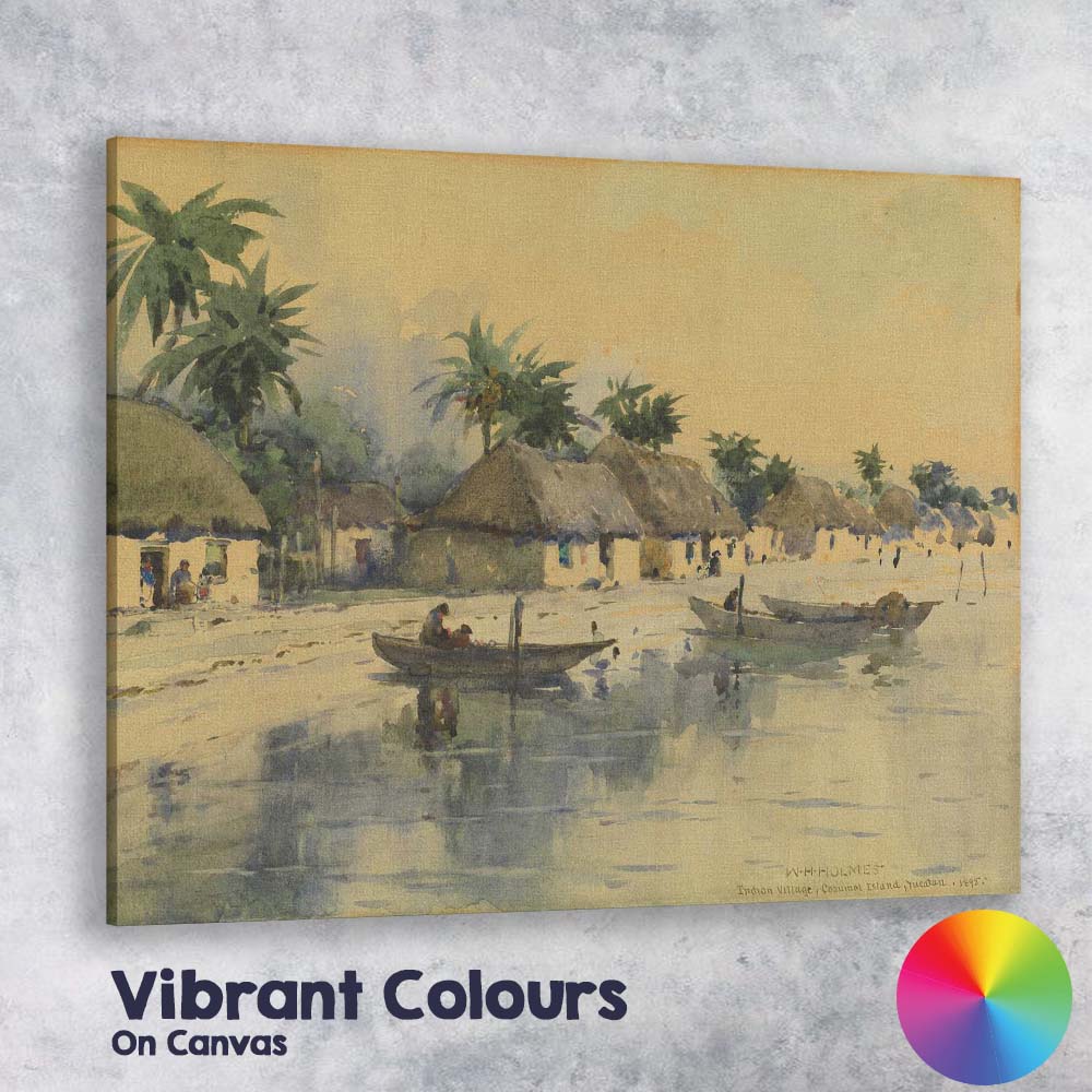 Tropical Riverside Village Palm Trees Watercolour Scene Canvas Wall Art Print Decor Picture Ready to Hang