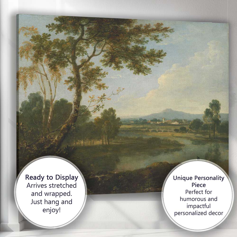 Serene Riverside Valley With Trees And Distant Village Landscape Canvas Wall Art Print Decor Picture Ready to Hang