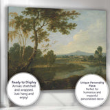 Serene Riverside Valley With Trees And Distant Village Landscape Canvas Wall Art Print Decor Picture Ready to Hang