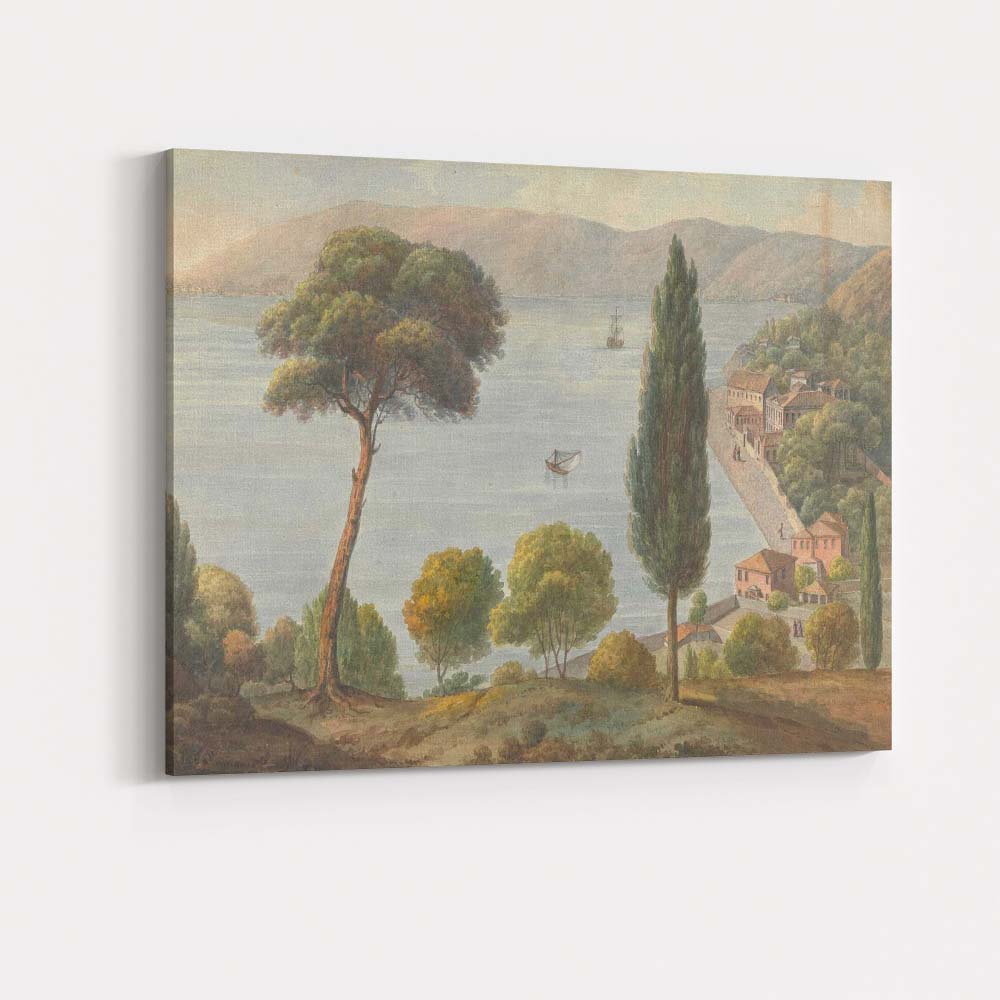 Mediterranean Lakeside Village Panoramic Watercolour Landscape Canvas Wall Art Print Decor Picture Ready to Hang