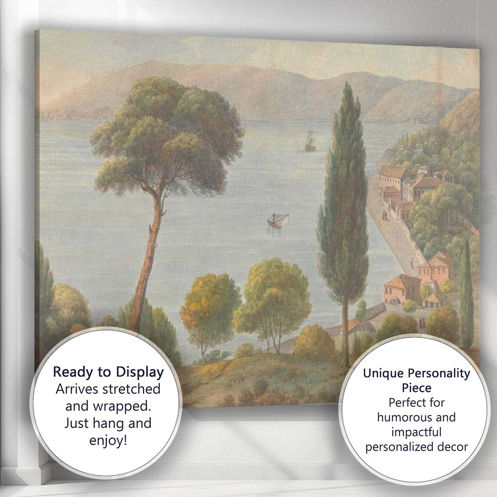 Mediterranean Lakeside Village Panoramic Watercolour Landscape Canvas Wall Art Print Decor Picture Ready to Hang