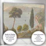 Mediterranean Lakeside Village Panoramic Watercolour Landscape Canvas Wall Art Print Decor Picture Ready to Hang