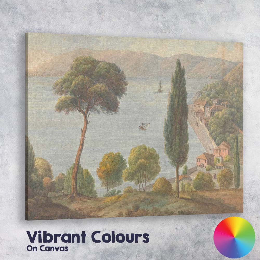 Mediterranean Lakeside Village Panoramic Watercolour Landscape Canvas Wall Art Print Decor Picture Ready to Hang