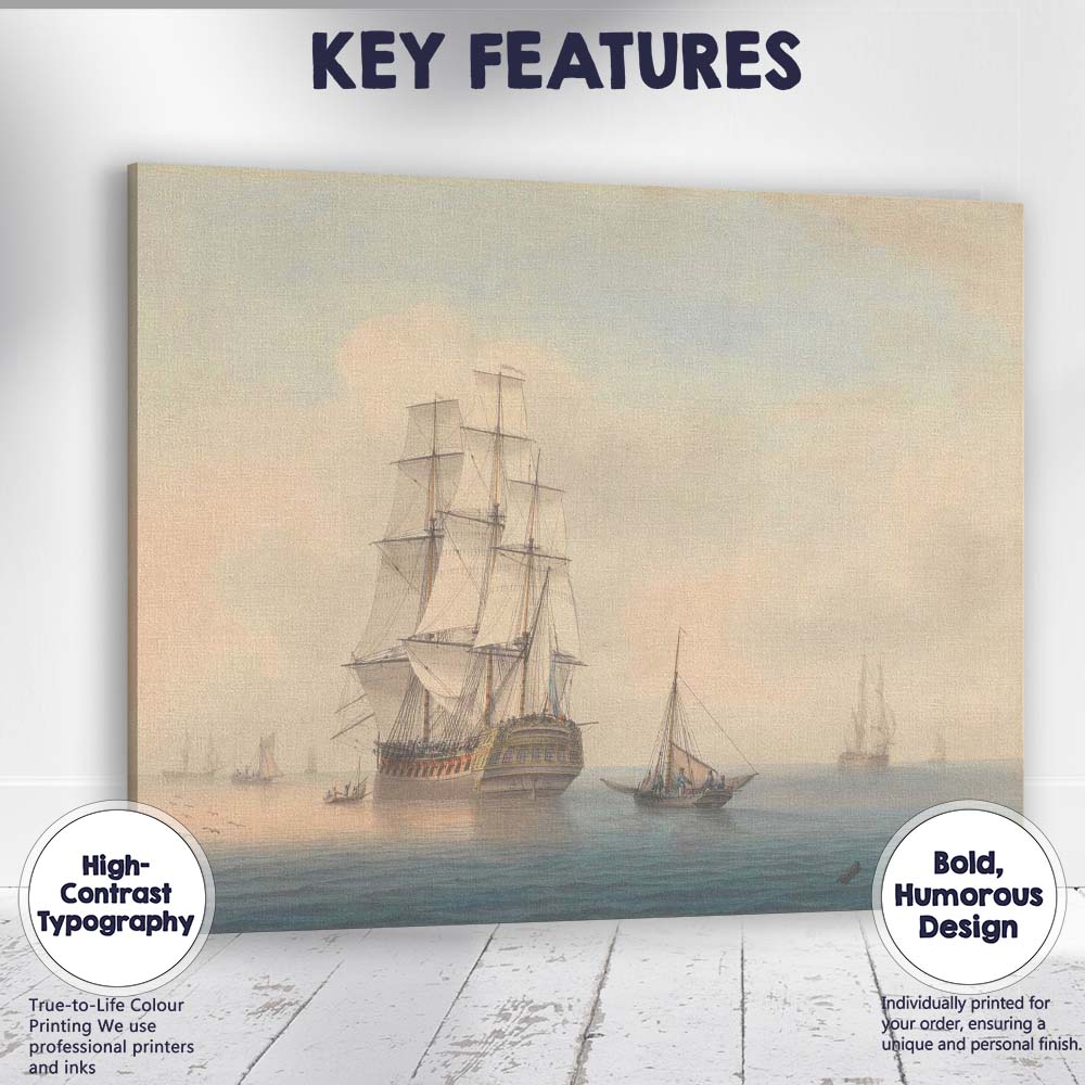 Historic Sailing Ship Calm Sea Maritime Watercolour Coastal Artwork Canvas Wall Art Print Decor Picture Ready to Hang