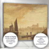 Golden Sepia Harbour Sailing Boats Cathedral Riverside Canvas Wall Art Print Decor Picture Ready to Hang