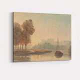 Soft Watercolour Riverbank Trees And Historic Townscape Scenic Landscape Canvas Wall Art Print Decor Picture Ready to Hang