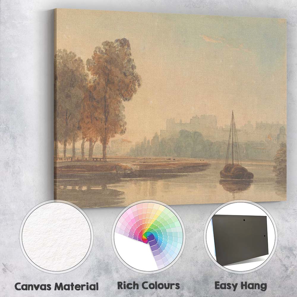 Soft Watercolour Riverbank Trees And Historic Townscape Scenic Landscape Canvas Wall Art Print Decor Picture Ready to Hang