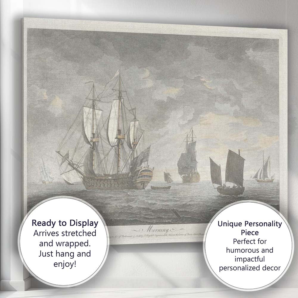 Historic Sailing Ships At Sea Maritime Engraving Seascape Artwork Canvas Wall Art Print Decor Picture Ready to Hang