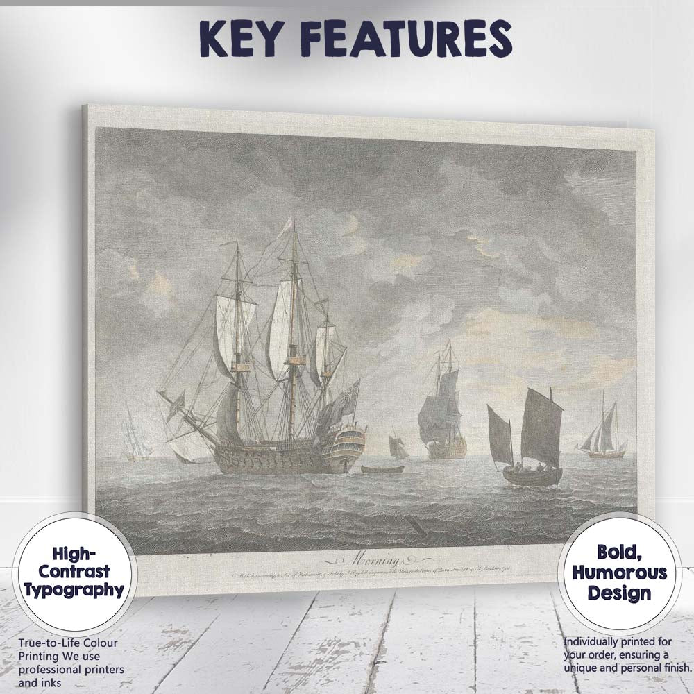 Historic Sailing Ships At Sea Maritime Engraving Seascape Artwork Canvas Wall Art Print Decor Picture Ready to Hang