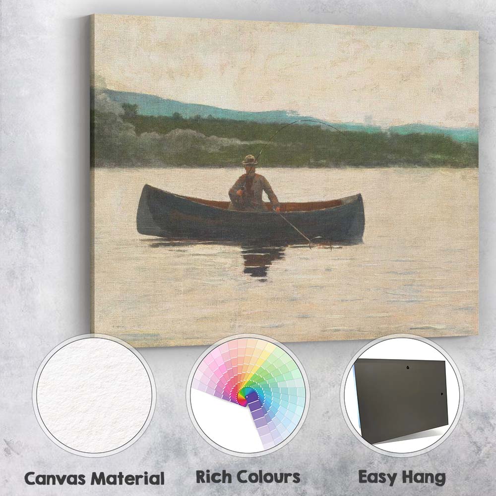 Solitary Angler In Canoe On Tranquil Lake Impressionist Waterscape Painting Canvas Wall Art Print Decor Picture Ready to Hang