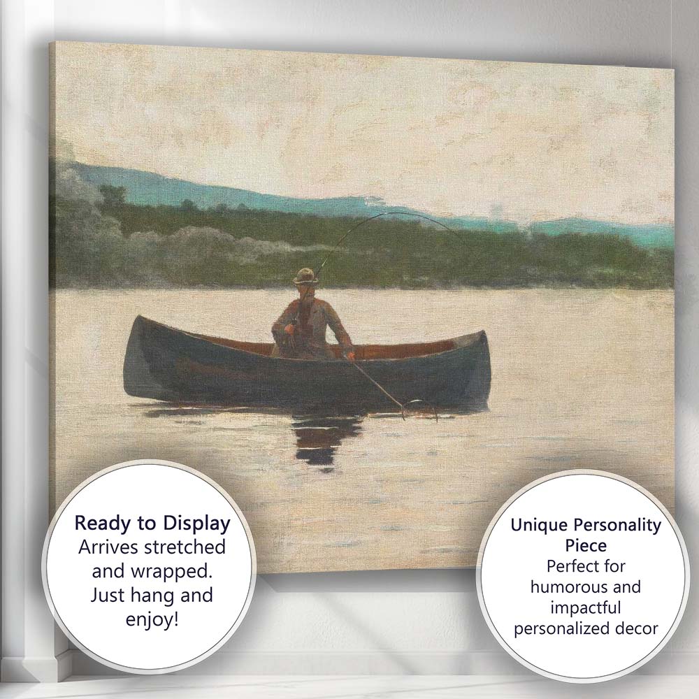 Solitary Angler In Canoe On Tranquil Lake Impressionist Waterscape Painting Canvas Wall Art Print Decor Picture Ready to Hang