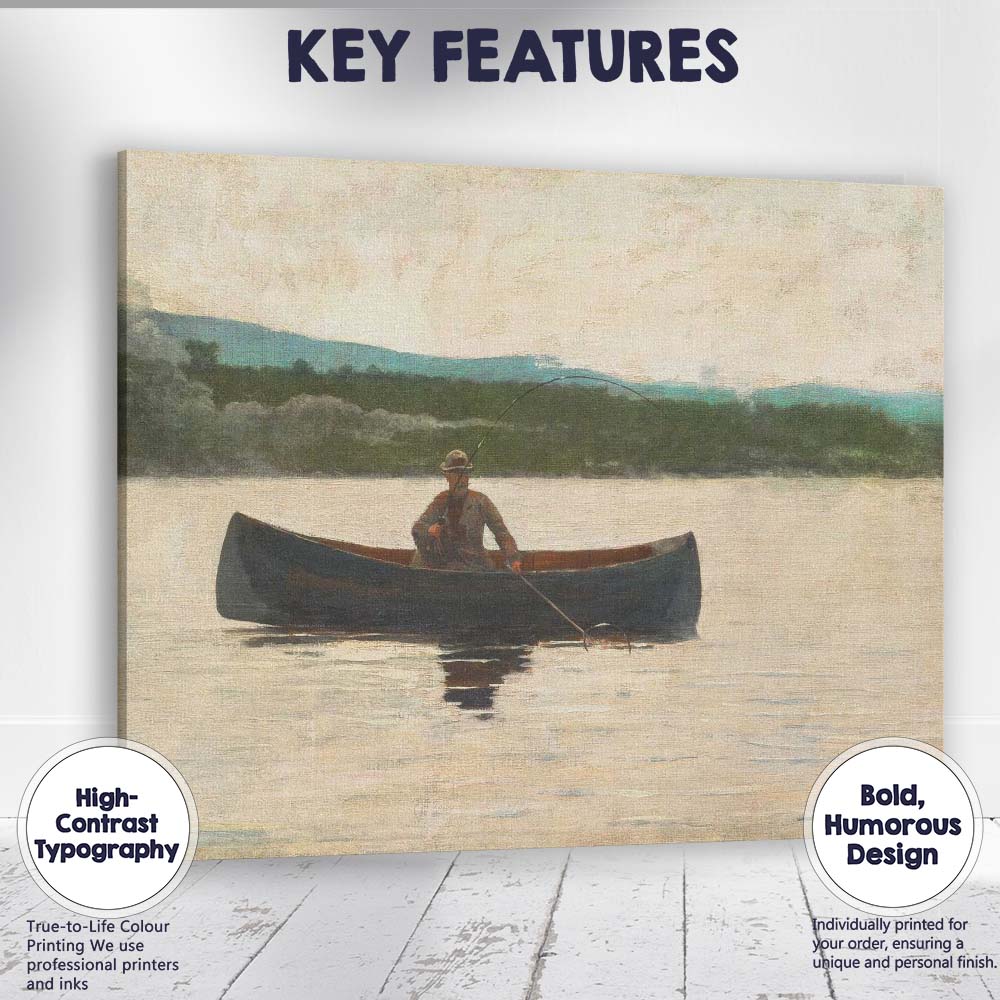 Solitary Angler In Canoe On Tranquil Lake Impressionist Waterscape Painting Canvas Wall Art Print Decor Picture Ready to Hang