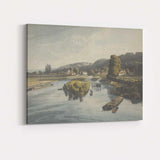 Peaceful Canal Waterway With Barges Rural River Landscape Illustration Canvas Wall Art Print Decor Picture Ready to Hang
