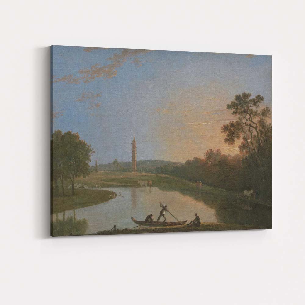 Serene Evening Lake With Pagoda Tower Oriental Landscape Painting Canvas Wall Art Print Decor Picture Ready to Hang