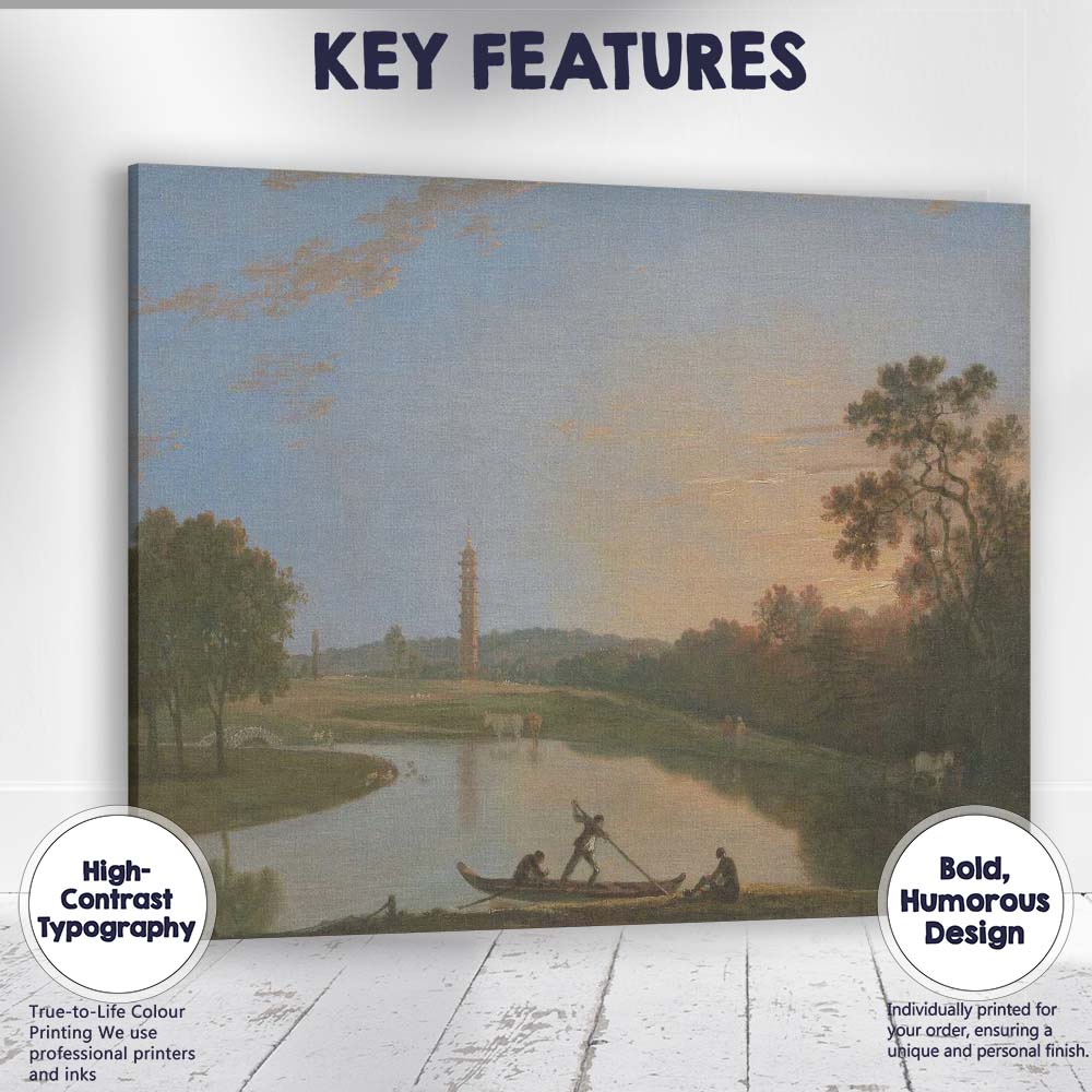 Serene Evening Lake With Pagoda Tower Oriental Landscape Painting Canvas Wall Art Print Decor Picture Ready to Hang