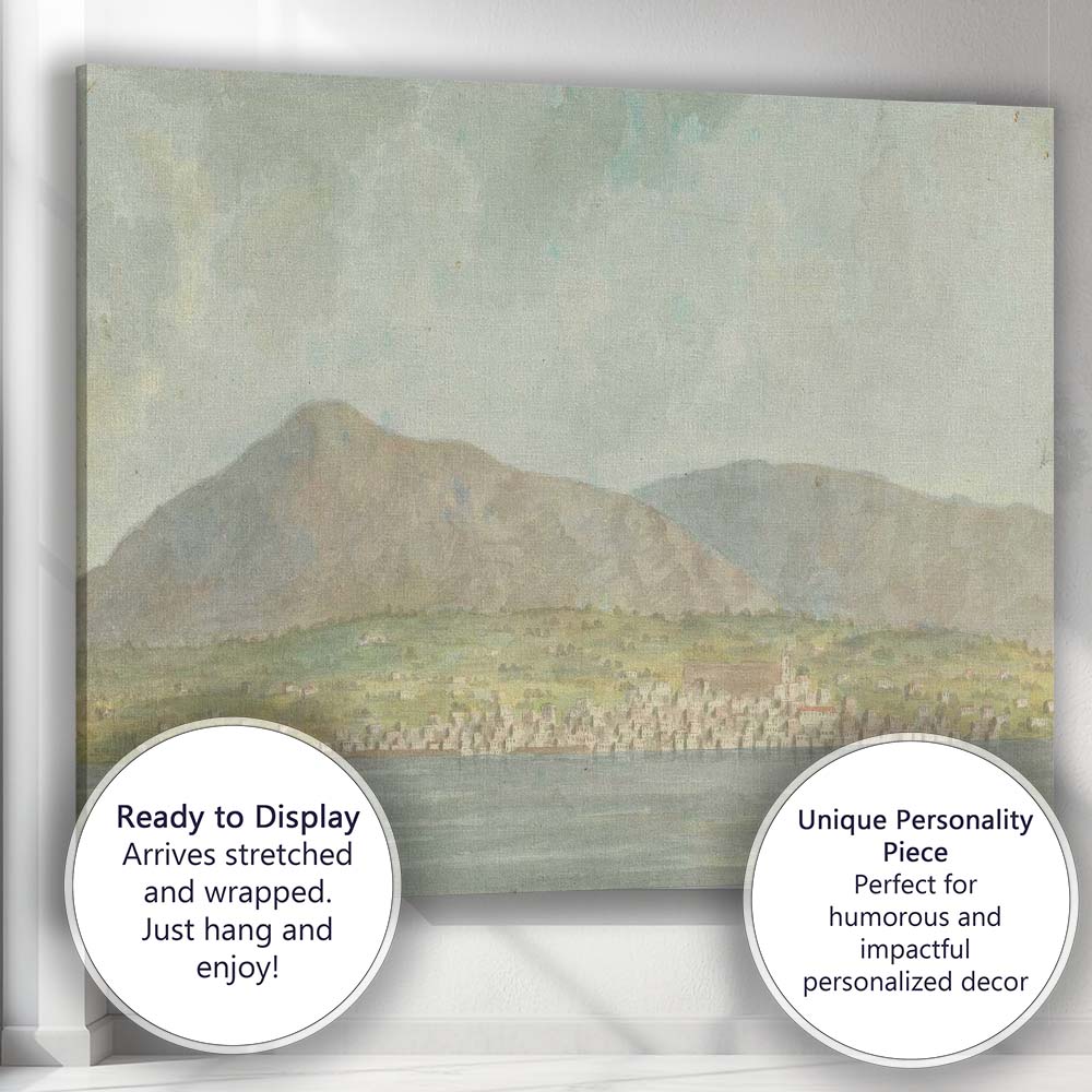 Panoramic Coastal Town Beneath Mountain Range Watercolour Landscape Canvas Wall Art Print Decor Picture Ready to Hang