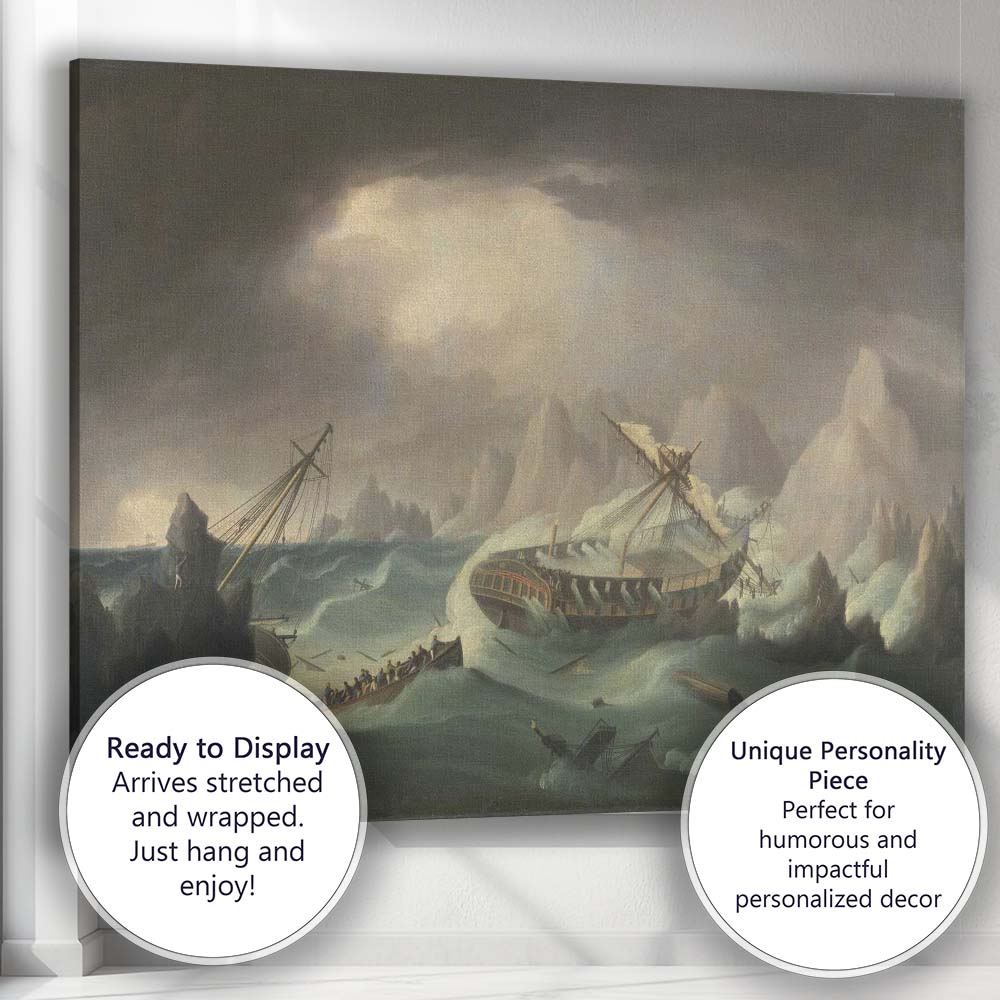 Dramatic Arctic Shipwreck Among Icebergs Maritime Storm Painting Canvas Wall Art Print Decor Picture Ready to Hang
