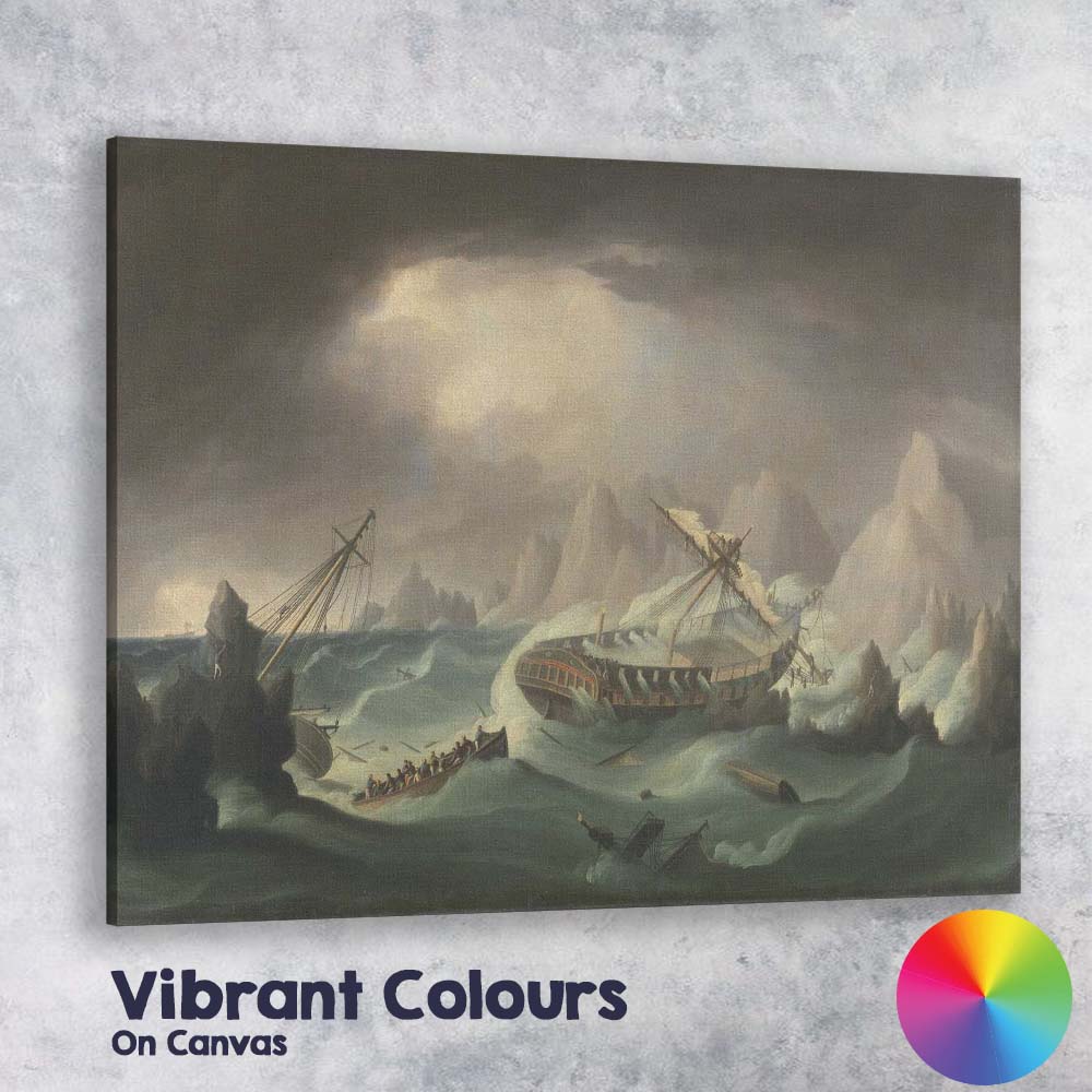 Dramatic Arctic Shipwreck Among Icebergs Maritime Storm Painting Canvas Wall Art Print Decor Picture Ready to Hang