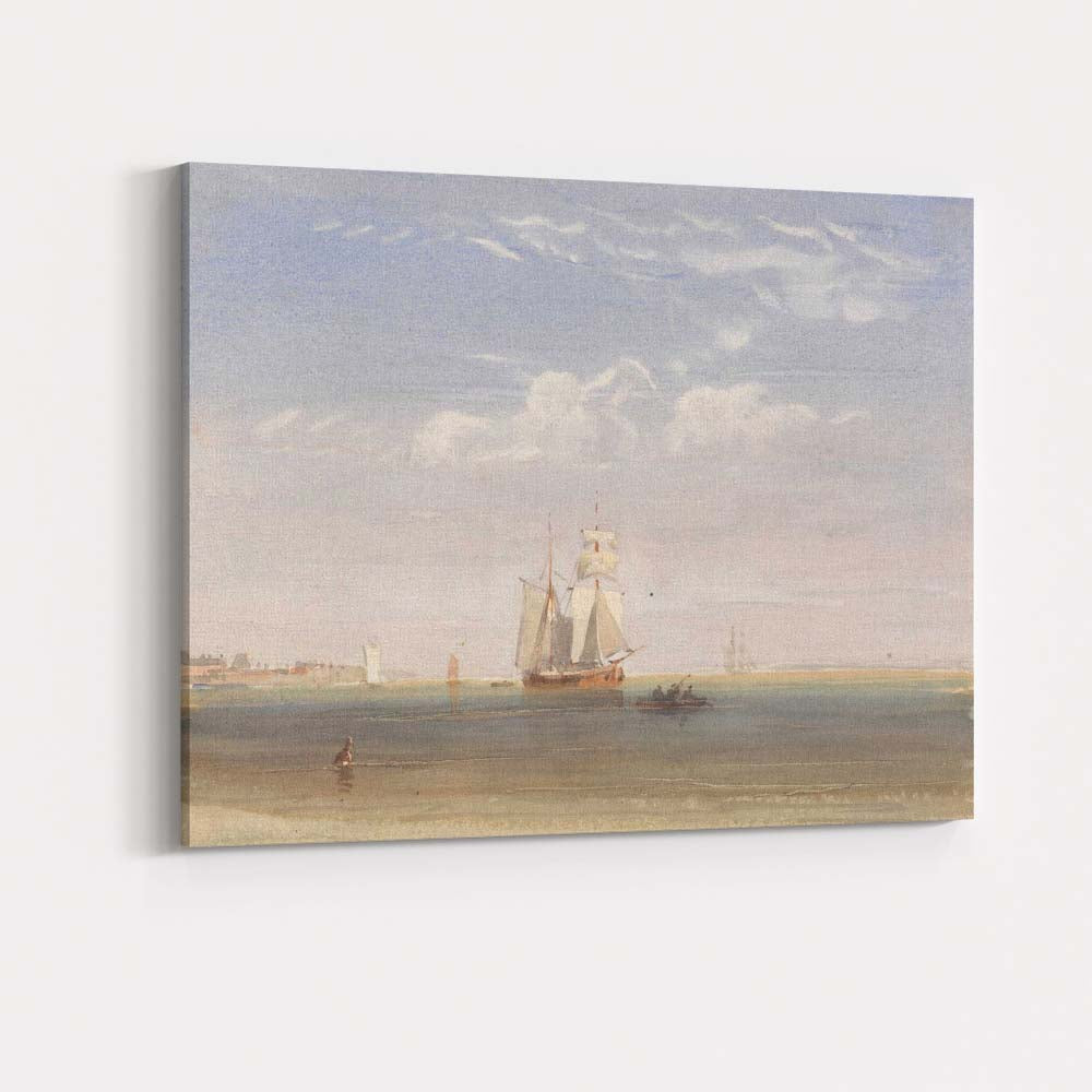 Soft Coastal Watercolour Sailing Ship On Calm Shoreline Seascape Canvas Wall Art Print Decor Picture Ready to Hang