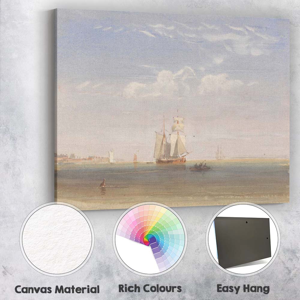 Soft Coastal Watercolour Sailing Ship On Calm Shoreline Seascape Canvas Wall Art Print Decor Picture Ready to Hang