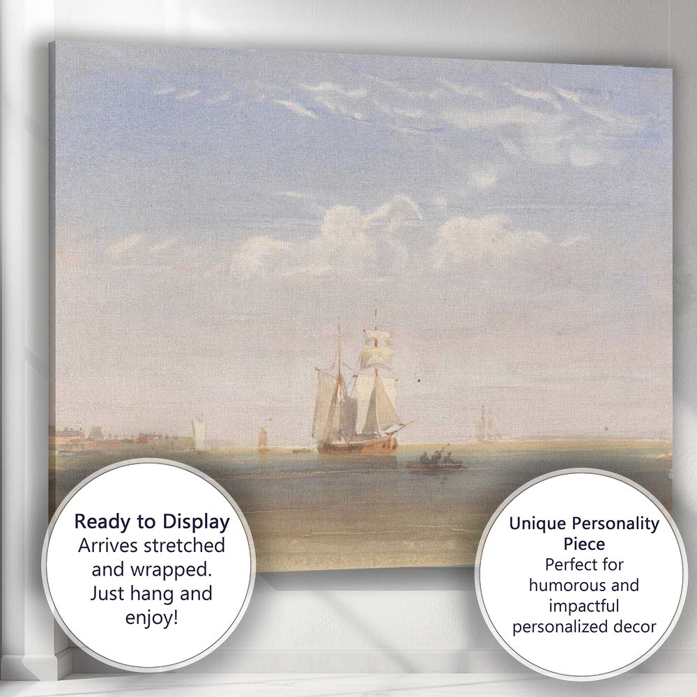 Soft Coastal Watercolour Sailing Ship On Calm Shoreline Seascape Canvas Wall Art Print Decor Picture Ready to Hang
