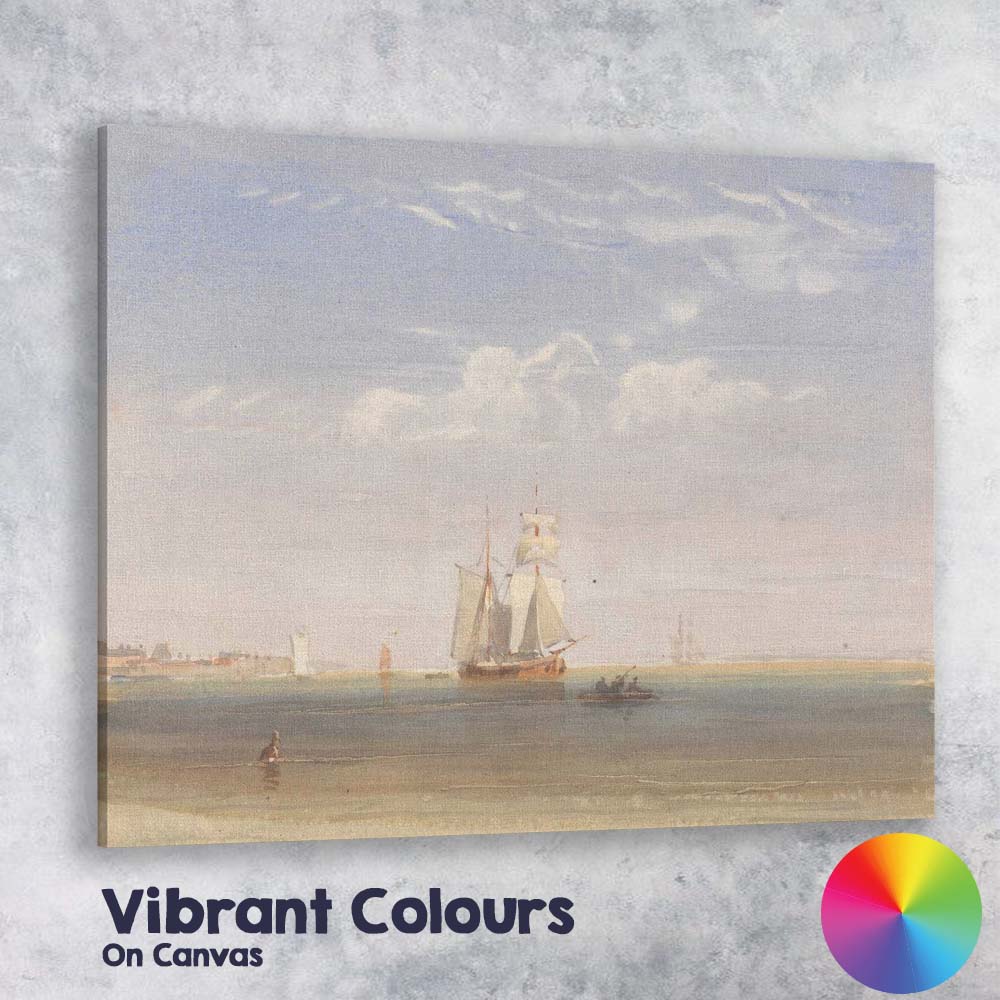 Soft Coastal Watercolour Sailing Ship On Calm Shoreline Seascape Canvas Wall Art Print Decor Picture Ready to Hang
