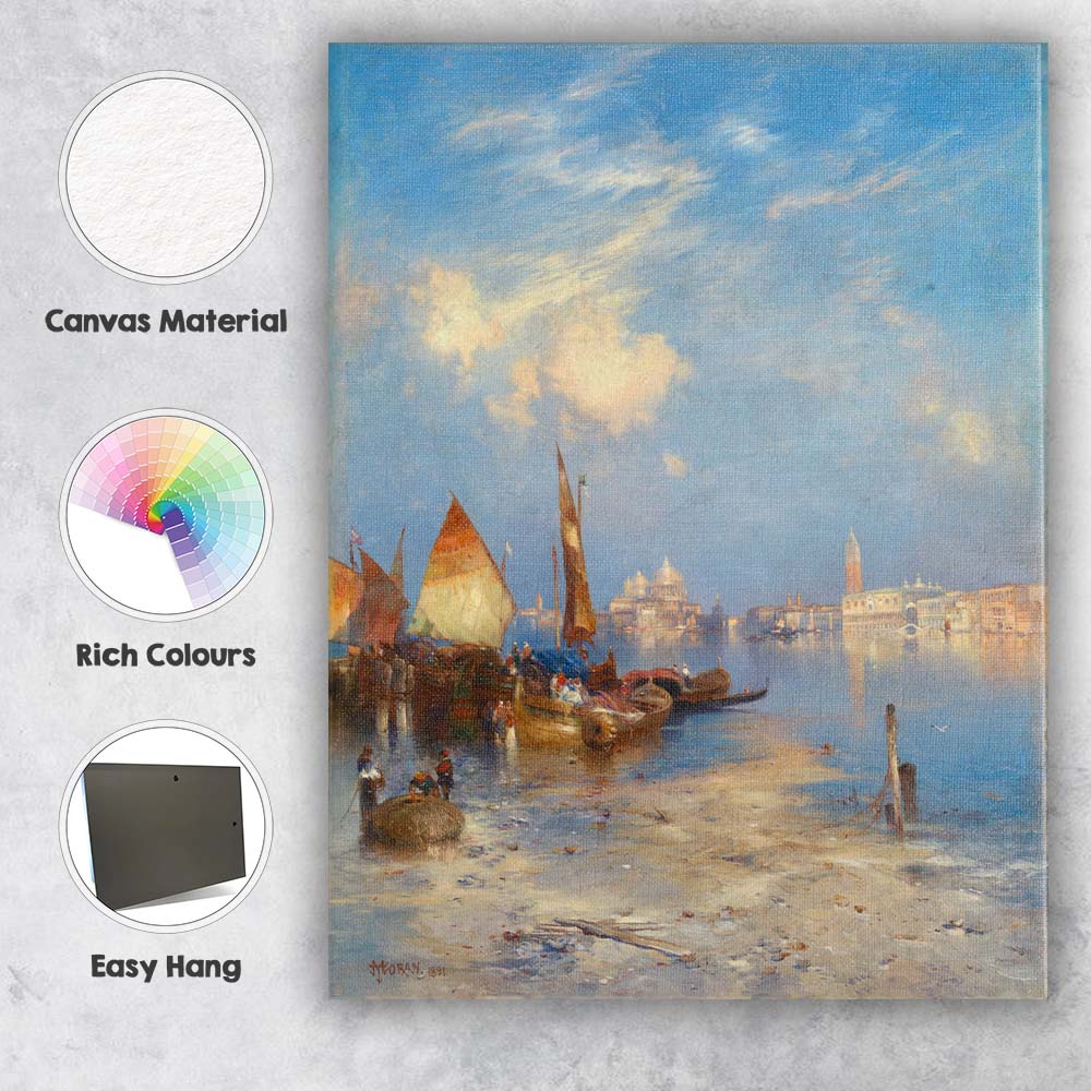 Venetian Lagoon Boats Bright Blue Sky Coastal Cityscape Painting Canvas Wall Art Print Decor Picture Ready to Hang