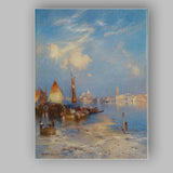 Venetian Lagoon Boats Bright Blue Sky Coastal Cityscape Painting Canvas Wall Art Print Decor Picture Ready to Hang