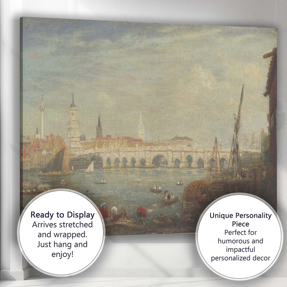 Historic River Bridge City Waterfront Atmospheric Landscape Painting Canvas Wall Art Print Decor Picture Ready to Hang