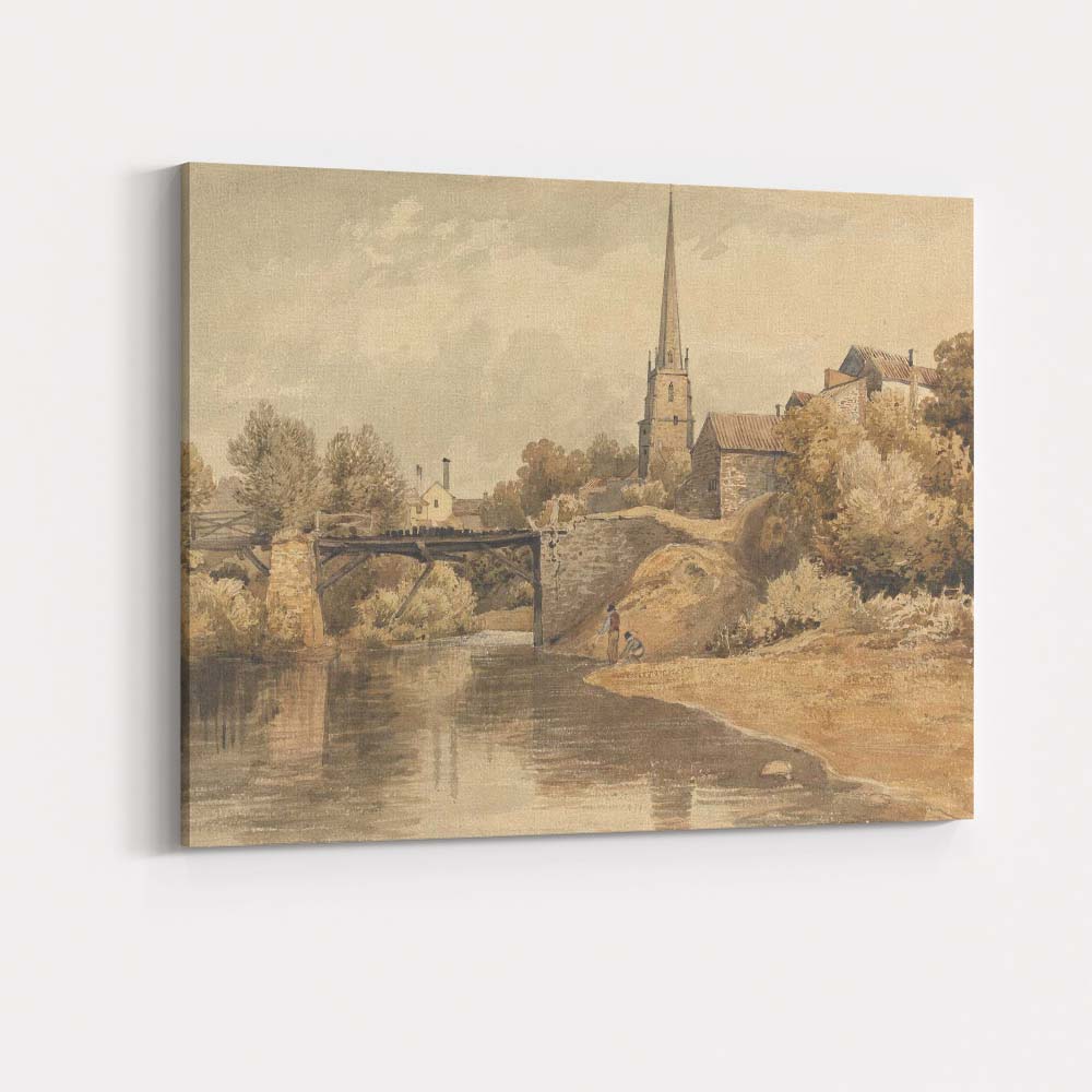 Peaceful Village Church Riverside Sepia Watercolour Country Landscape Canvas Wall Art Print Decor Picture Ready to Hang