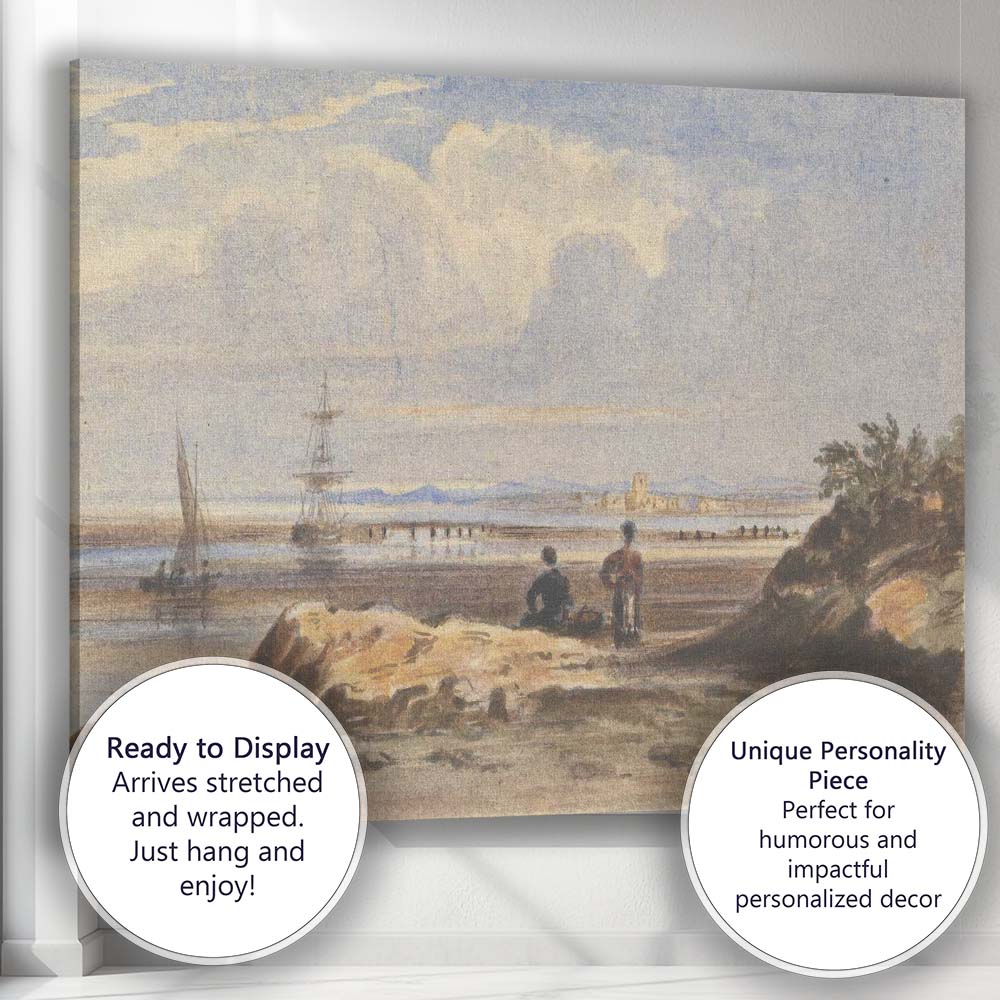 Coastal Estuary Sailing Ship Calm Shoreline Watercolour Landscape Canvas Wall Art Print Decor Picture Ready to Hang