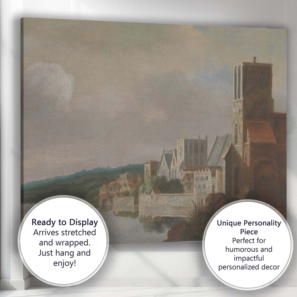 Peaceful Cathedral Riverside Town Architectural Landscape Canvas Wall Art Print Decor Picture Ready to Hang