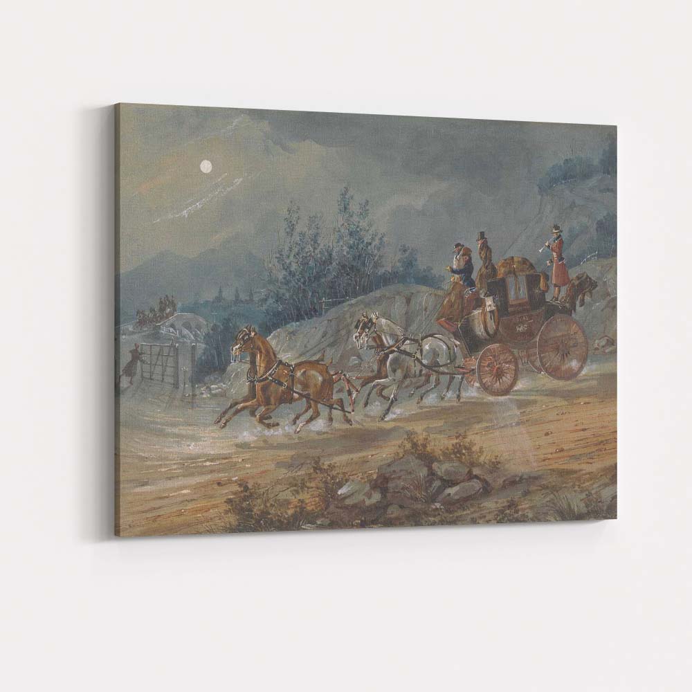 Moonlit Royal Mail Horse Drawn Coach Country Road Watercolour Canvas Wall Art Print Decor Picture Ready to Hang