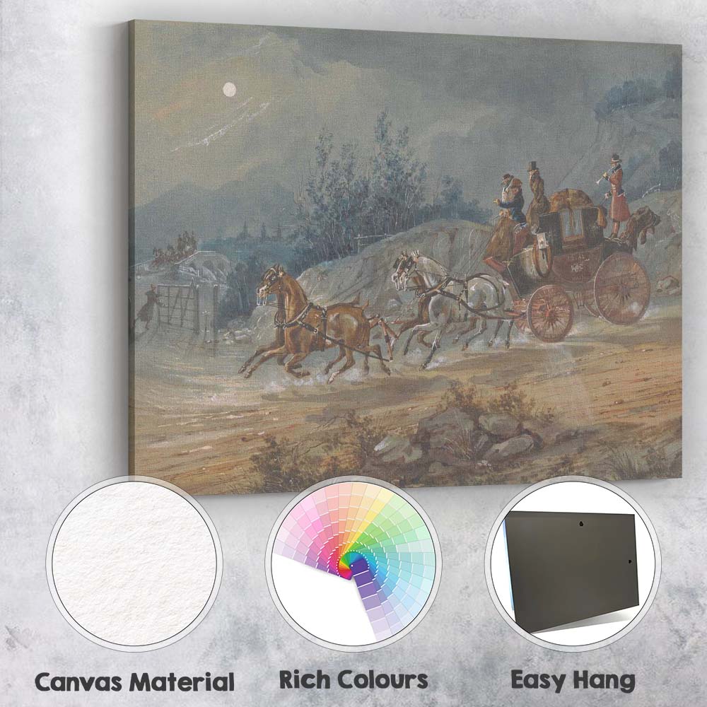 Moonlit Royal Mail Horse Drawn Coach Country Road Watercolour Canvas Wall Art Print Decor Picture Ready to Hang