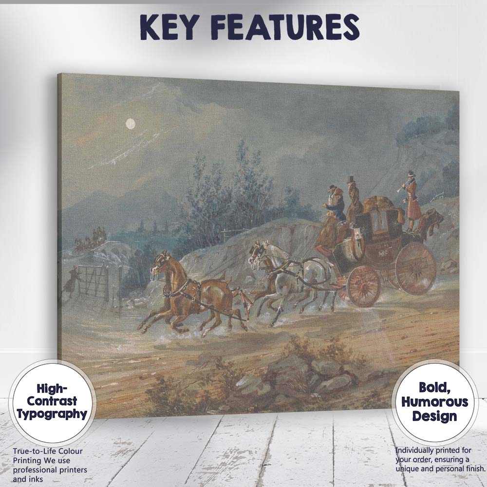 Moonlit Royal Mail Horse Drawn Coach Country Road Watercolour Canvas Wall Art Print Decor Picture Ready to Hang