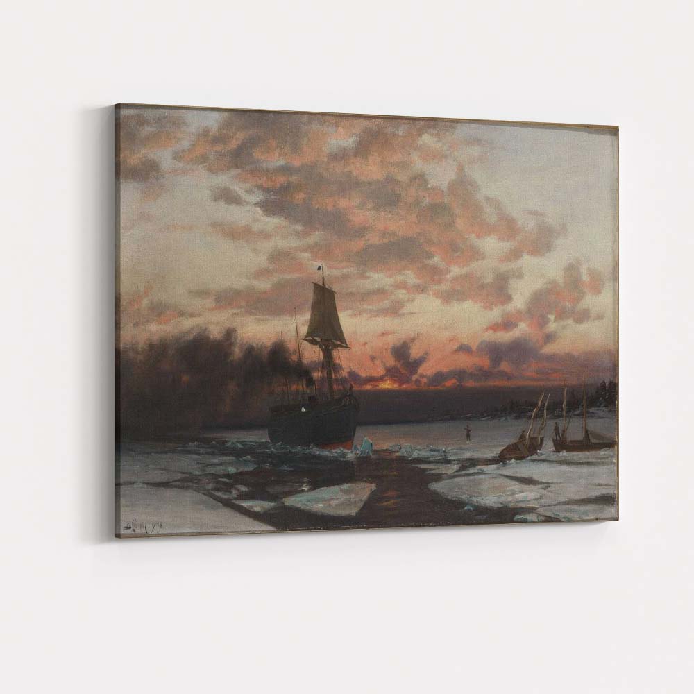 Arctic Sailing Vessel Ice Floes Dramatic Sunset Seascape Canvas Wall Art Print Decor Picture Ready to Hang
