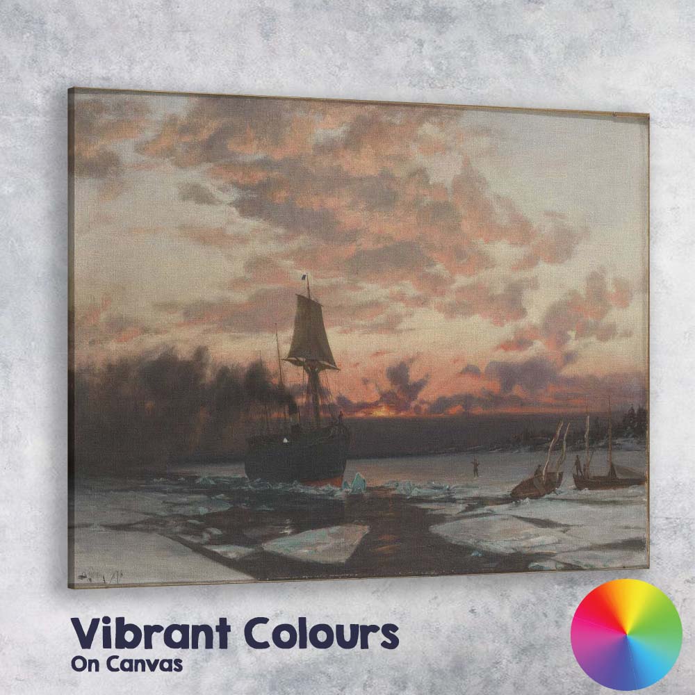 Arctic Sailing Vessel Ice Floes Dramatic Sunset Seascape Canvas Wall Art Print Decor Picture Ready to Hang