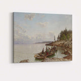 Nordic Coastal Fishermen Gathering Boats on Calm Rocky Shore Seascape Canvas Wall Art Print Decor Picture Ready to Hang