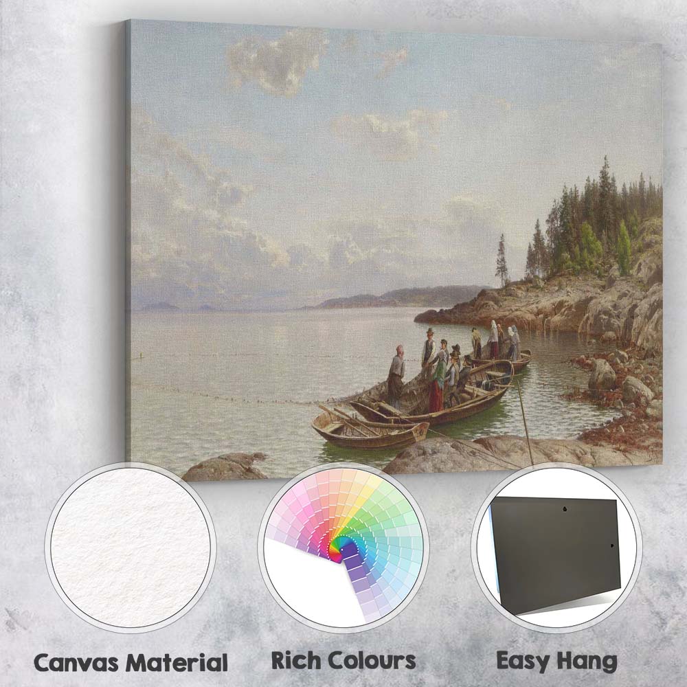 Nordic Coastal Fishermen Gathering Boats on Calm Rocky Shore Seascape Canvas Wall Art Print Decor Picture Ready to Hang