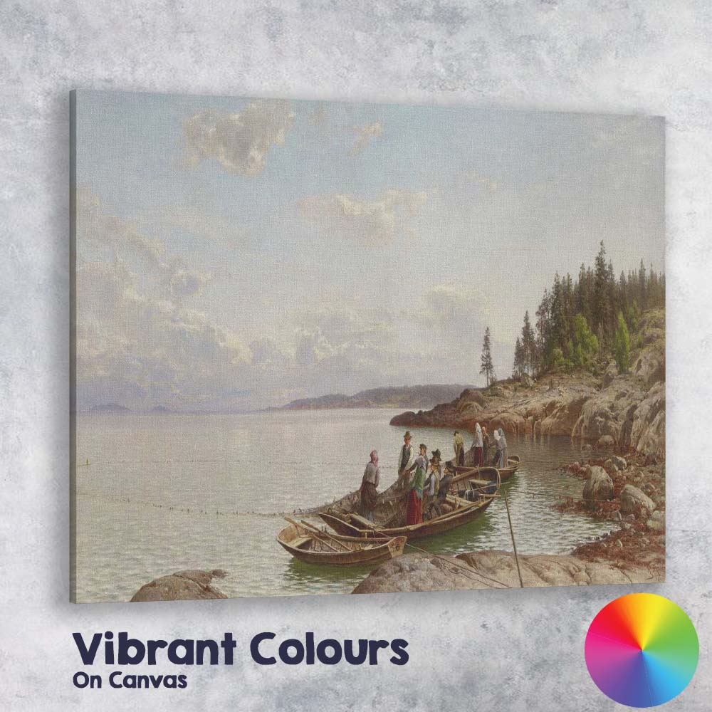 Nordic Coastal Fishermen Gathering Boats on Calm Rocky Shore Seascape Canvas Wall Art Print Decor Picture Ready to Hang