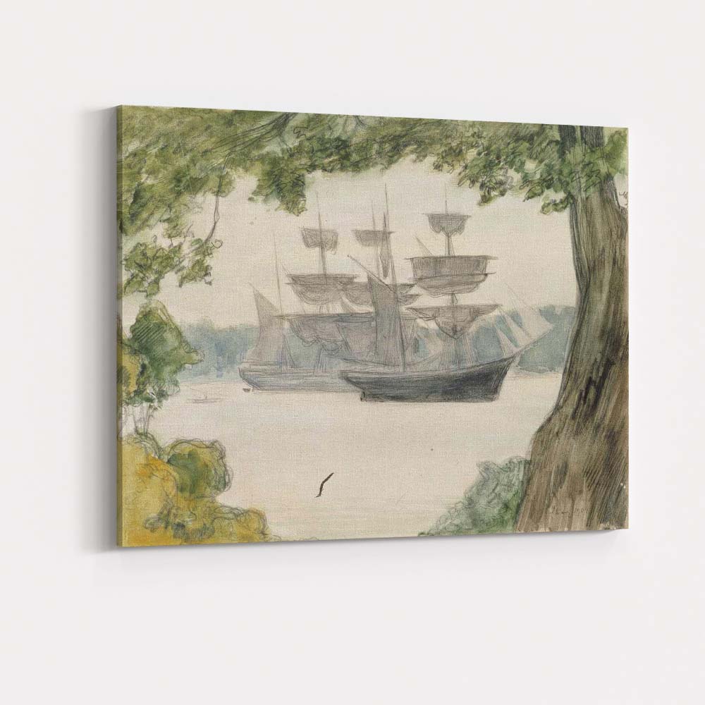 Historic Tall Ships Anchored Beneath Trees Coastal Sketch Canvas Wall Art Print Decor Picture Ready to Hang