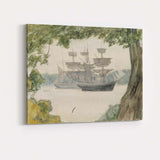 Historic Tall Ships Anchored Beneath Trees Coastal Sketch Canvas Wall Art Print Decor Picture Ready to Hang