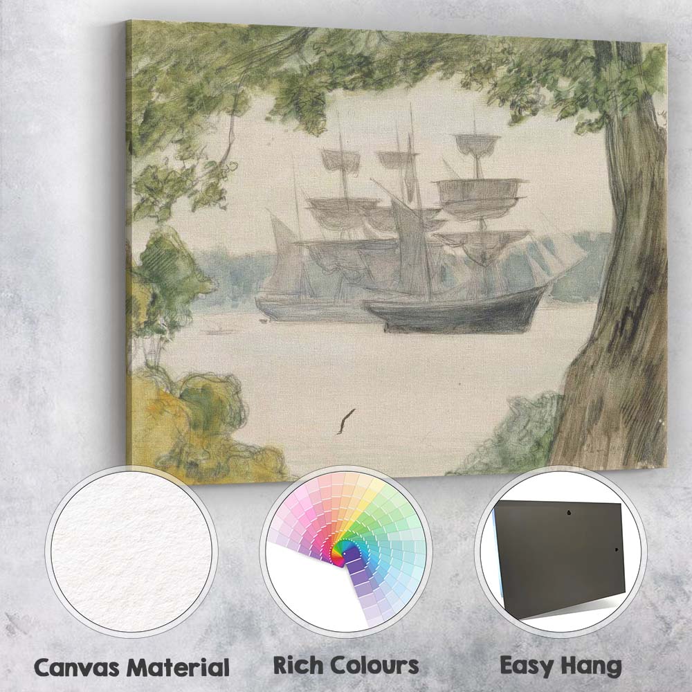 Historic Tall Ships Anchored Beneath Trees Coastal Sketch Canvas Wall Art Print Decor Picture Ready to Hang