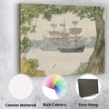 Historic Tall Ships Anchored Beneath Trees Coastal Sketch Canvas Wall Art Print Decor Picture Ready to Hang