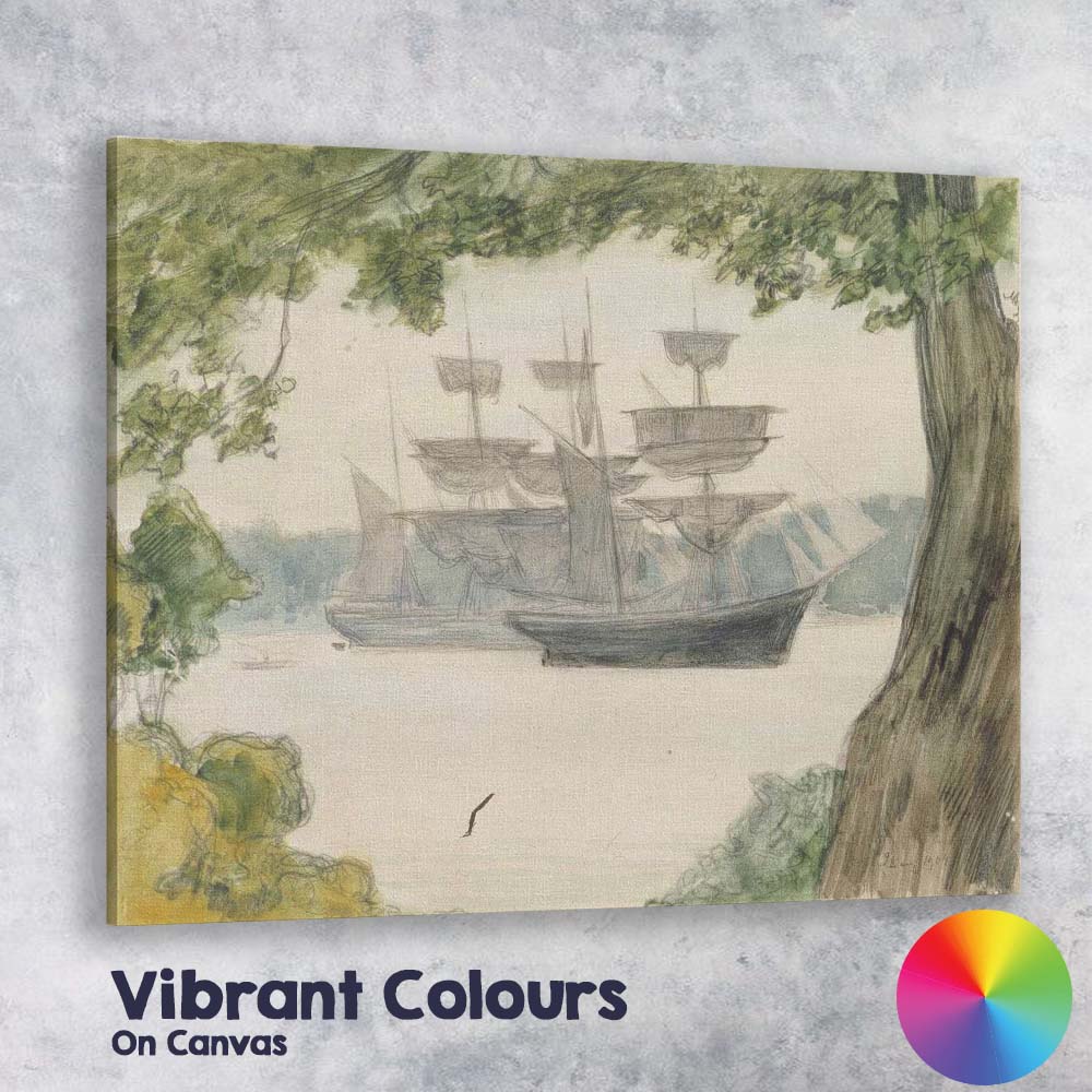 Historic Tall Ships Anchored Beneath Trees Coastal Sketch Canvas Wall Art Print Decor Picture Ready to Hang