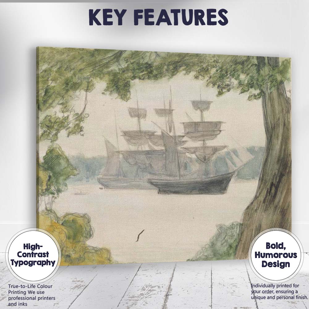Historic Tall Ships Anchored Beneath Trees Coastal Sketch Canvas Wall Art Print Decor Picture Ready to Hang