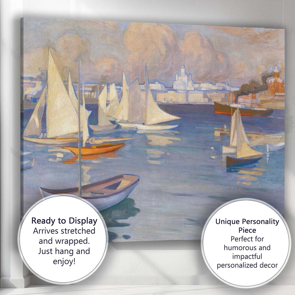 Scandinavian Harbour Sailboats and City Skyline Impressionist Painting Canvas Wall Art Print Decor Picture Ready to Hang