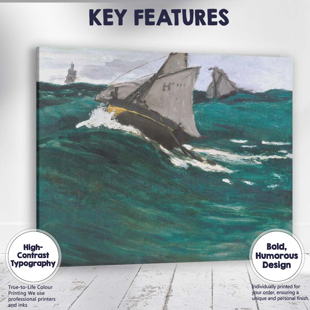 Expressive Ocean Waves and Fishing Boats Marine Painting Canvas Wall Art Print Decor Picture Ready to Hang