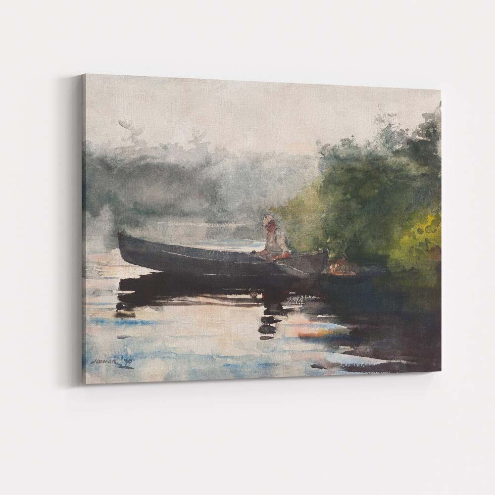 Misty Lake Canoe Fisherman Watercolour Landscape Artwork Canvas Wall Art Print Decor Picture Ready to Hang