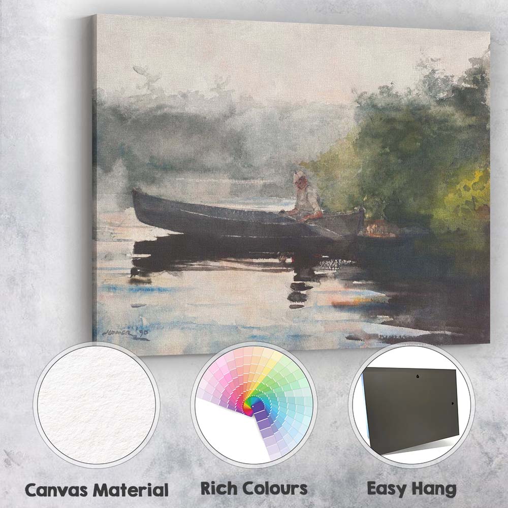 Misty Lake Canoe Fisherman Watercolour Landscape Artwork Canvas Wall Art Print Decor Picture Ready to Hang